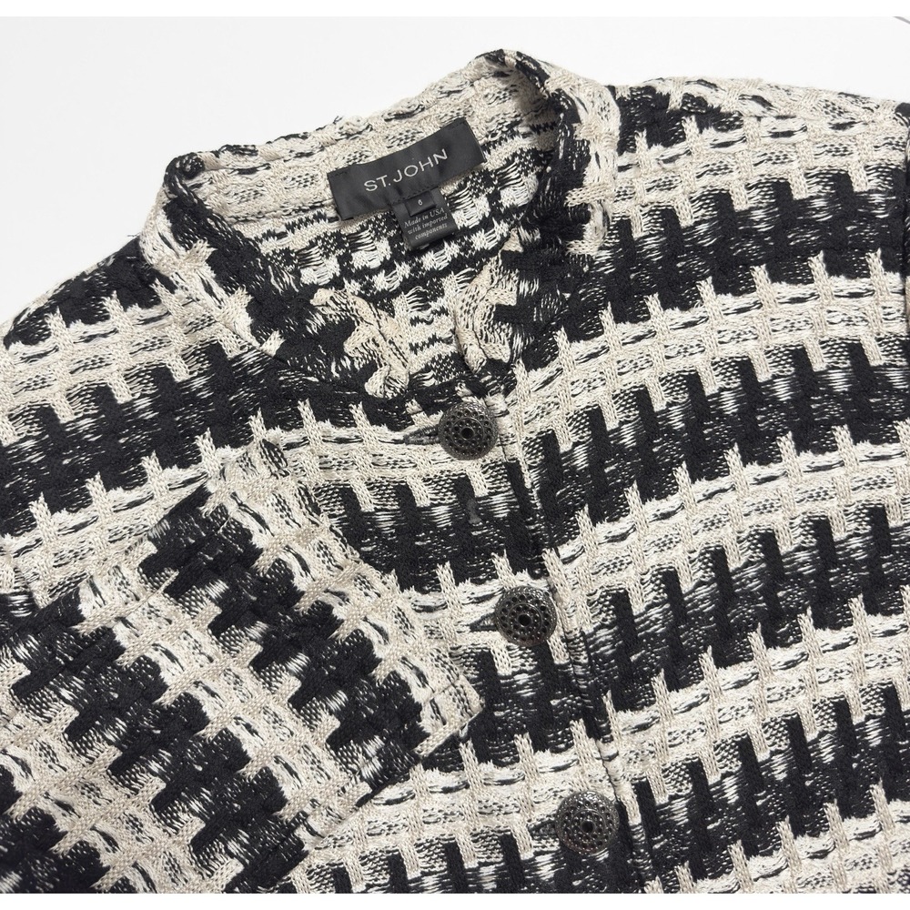 St. John Knit Advik Jacket Black Cream Tweed Mandarin Collar 6 USA Designer Wool